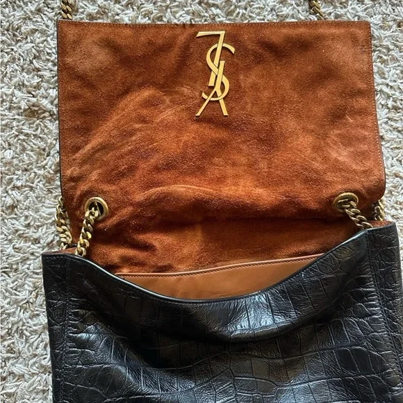 Saint Laurent Black Croc-Embossed Crossbody Bag - Picture 3 of 9